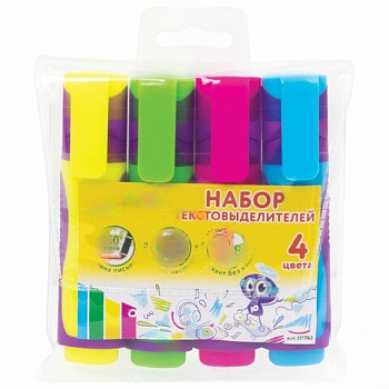 Набор текстовыделителей ЮНЛАНДИЯ 4 шт., АССОРТИ, "ELASTIC", прорезиненный корпус, линия 1-5 мм, 151763