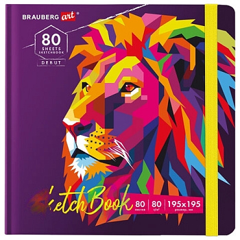 Скетчбук, белая бумага 80 г/м2, 195х195 мм, 80 л., резинка, твердый, BRAUBERG ART DEBUT "Лев", 114582