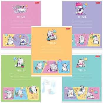 Тетрадь 12 л. HATBER клетка, обложка картон, "Приключения кота Пирожка" (5 видов в спайке), 12Т5В1