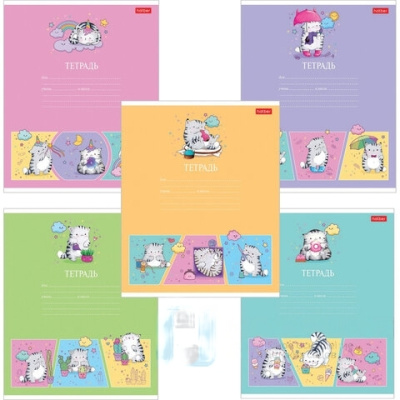 Тетрадь 12 л. HATBER клетка, обложка картон, "Приключения кота Пирожка" (5 видов в спайке), 12Т5В1