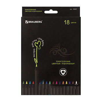 Карандаши цветные BRAUBERG "Black Jack", 18 цветов, трехгранные, черное дерево, 180597