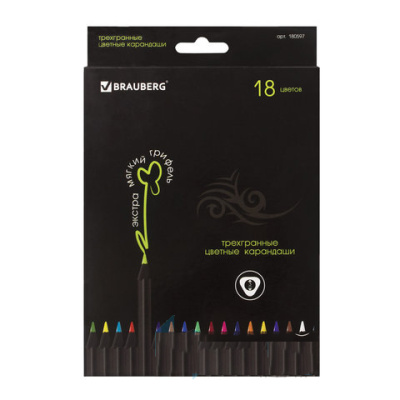 Карандаши цветные BRAUBERG "Black Jack", 18 цветов, трехгранные, черное дерево, 180597