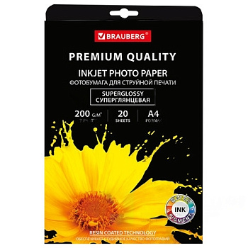 Фотобумага PREMIUM суперглянцевая, А4, 200 г/м2, односторонняя, 20 листов, BRAUBERG, 364003