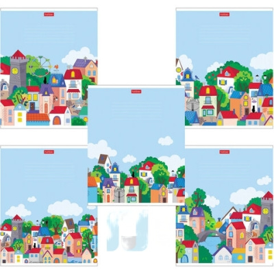 Тетрадь 12 л. HATBER клетка, обложка картон, "Городок" (5 видов в спайке), 12Т5В1