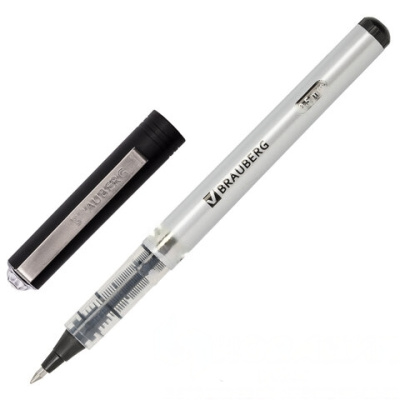 Ручка-роллер BRAUBERG "Flagman", ЧЕРНАЯ, корпус серебристый, хромированные детали, узел 0,5 мм, линия письма 0,3 мм, 141555