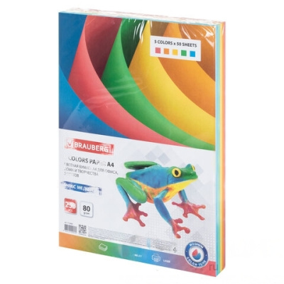 Бумага цветная BRAUBERG, А4, 80 г/м2, 250 л., (5 цветов х 50 л.), медиум, для офисной техники, 112465