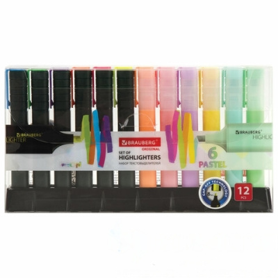 Набор текстовыделителей BRAUBERG 12 шт., АССОРТИ, "ORIGINAL", линия 1-5 мм, 151699
