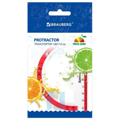 Транспортир 10 см BRAUBERG "FRESH ZONE", 180 градусов, пластик, прозрачный, красная шкала, 210760