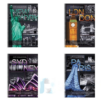 Тетрадь А4, 80 л., HATBER, спираль, клетка, выборочный лак, "CITY COLLECTION" ("ГОРОДА") (4 вида), 80Т4вмB1сп, T51177