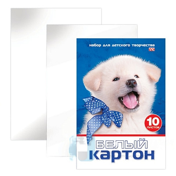 Картон белый А4 МЕЛОВАННЫЙ, 10 листов, в папке, HATBER VK, 205х295 мм, Белый щенок,10Кб4 15023, N234884