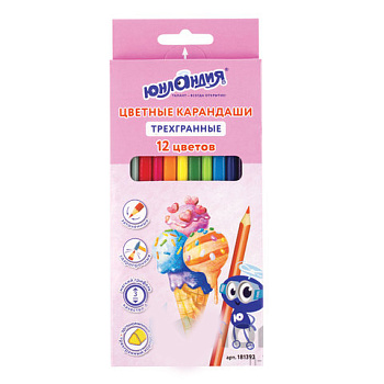 Карандаши цветные ЮНЛАНДИЯ "СЛАДКИЕ ИСТОРИИ", 12 цветов, трехгранные заточенные, 181393