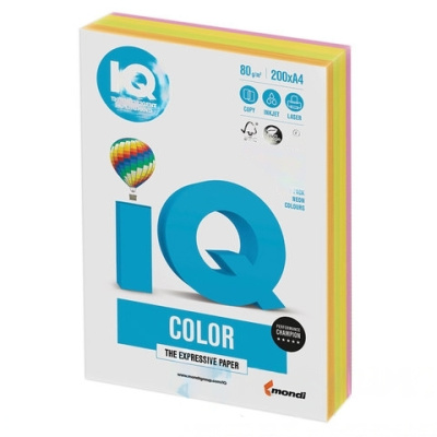 Бумага цветная IQ color, А4, 80 г/м2, 200 л., (4 цвета x 50 листов), микс неон, RB04
