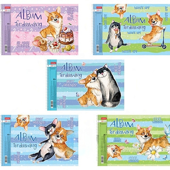 Альбом для рисования А4 24 л., спираль, обложка картон, HATBER, 205х290 мм, "Корги" (5 видов в спайке), 24А4Всп