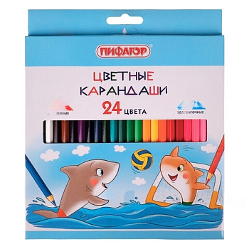 Карандаши цветные ПИФАГОР "Веселые акулята", 24 цвета, классические, заточенные, 181818