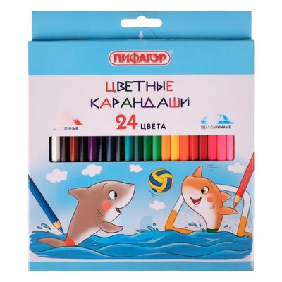Карандаши цветные ПИФАГОР "Веселые акулята", 24 цвета, классические, заточенные, 181818