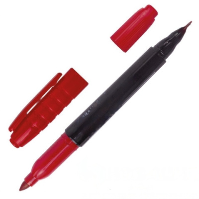 Маркер перманентный (нестираемый) двусторонний BRAUBERG "Double", КРАСНЫЙ, наконечники 0,8/3 мм, 151637