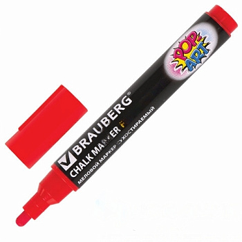 Маркер меловой "POP-ART" КРАСНЫЙ, 5 мм, стираемый, для гладких поверхностей, BRAUBERG, 151529