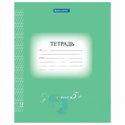 Тетрадь 12 л. BRAUBERG ЭКО "5-КА", частая косая линия, обложка плотная мелованная бумага, ЗЕЛЕНАЯ, 104766