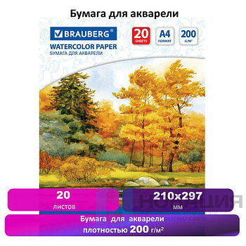 Бумага для акварели А4, 20 л., 200 г/м2, 210х297 мм, BRAUBERG, "Осенний лес", 125226