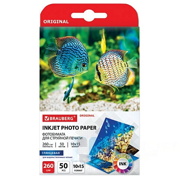 Фотобумага глянцевая, 10х15 см, 260 г/м2, односторонняя, 50 листов, BRAUBERG ORIGINAL, 363976