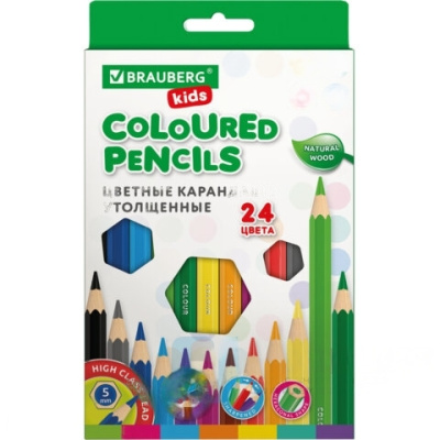 Карандаши цветные утолщенные BRAUBERG KIDS 24 цвета, грифель 5 мм, 181879