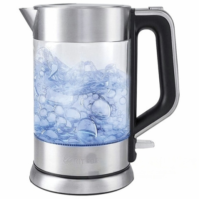 Чайник KITFORT КТ-617, 1,5 л, 2200 Вт, закрытый нагревательный элемент, стекло, серебристый, KT-617