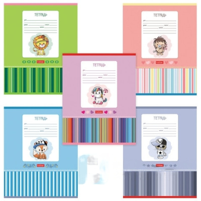 Тетрадь 12 л., HATBER, косая линия, обложка картон, "Мультяшки" (5 видов в спайке), 12Т5В6