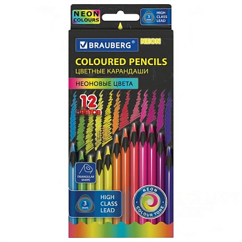 Карандаши цветные BRAUBERG NEON, 12 неоновых цветов, черное дерево, трёхгранные, 181852