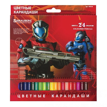 Карандаши цветные BRAUBERG "Star Patrol", 24 цвета, заточенные, картонная упаковка, 180558
