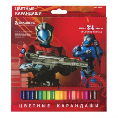 Карандаши цветные BRAUBERG "Star Patrol", 24 цвета, заточенные, картонная упаковка, 180558