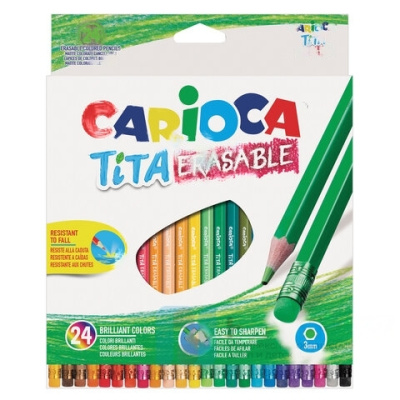 Карандаши цветные стираемые с резинкой CARIOCA "Erasable", 24 цвета, пластик, шестигранные, заточенные, 42938