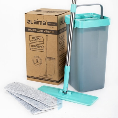 Швабра с отжимом и двухкамерным ведром, 7 л, 3 насадки МОП, набор для уборки LAIMA COMPACT MOP, 607389