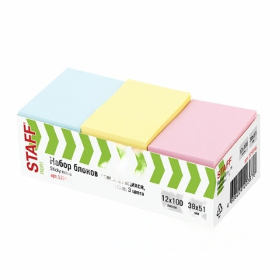 Блок самоклеящийся (стикеры) STAFF, ПАСТЕЛЬНЫЙ, 38х51 мм, 100 листов, НАБОР 12 штук, 3 цвета, 129346