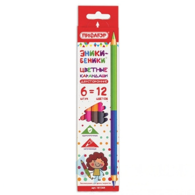 Карандаши двусторонние ПИФАГОР "ЭНИКИ-БЕНИКИ", 6 штук, 12 цветов, заточенные, европодвес, 181364