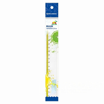 Линейка пластиковая 20 см BRAUBERG "FRESH ZONE", прозрачная, с желтой шкалой, 210749