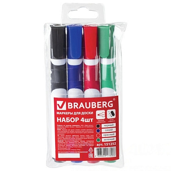 Маркеры стираемые для белой доски НАБОР 4 ЦВЕТА, BRAUBERG "SOFT", 5 мм, резиновая вставка, 151252