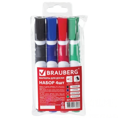 Маркеры стираемые для белой доски НАБОР 4 ЦВЕТА, BRAUBERG "SOFT", 5 мм, резиновая вставка, 151252