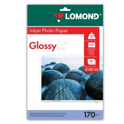 Фотобумага А4, 170 г/м2, 25 листов, односторонняя, глянцевая, LOMOND, 0102143