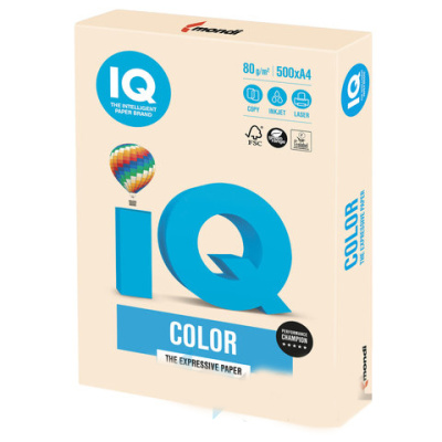 Бумага цветная IQ color, А4, 80 г/м2, 500 л., пастель, кремовая, CR20