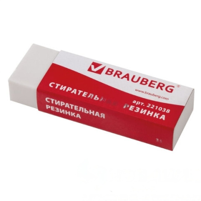 Ластик большой BRAUBERG "Office 20", 60х20х11 мм, белый, прямоугольный, картонный держатель, 221038