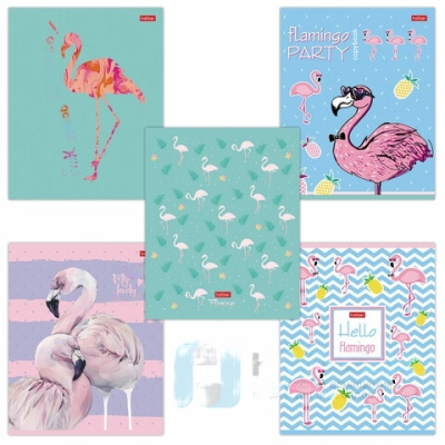 Тетрадь 18 л. HATBER скоба, клетка, обложка картон, тиснение, "Фламинго" (5 видов в спайке), 18Т5тВ1