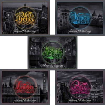 Альбом для рисования А4 48 л., скоба, выборочный лак, HATBER, 205х290 мм, "Города мира", 48А4вмВ