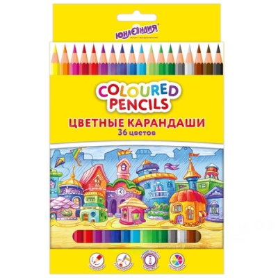 Карандаши цветные ЮНЛАНДИЯ "ДОМИКИ", 36 цветов, классические, пластиковые, грифель мягкий 3 мм, 181839