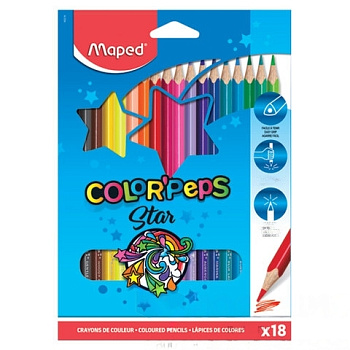 Карандаши цветные MAPED (Франция) "Color'Peps Star", 18 цветов, трехгранные, заточенные, европодвес, 183218