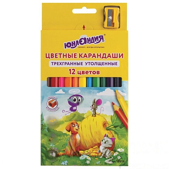 Карандаши цветные утолщенные ЮНЛАНДИЯ "СКАЗОЧНЫЙ МИР", 12 цветов, трехгранные, с ТОЧИЛКОЙ, 181370