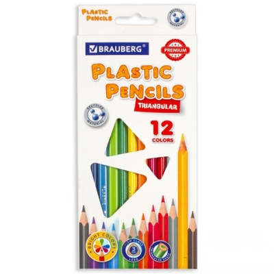 Карандаши цветные пластиковые BRAUBERG PREMIUM, 12 цветов, трехгранные, грифель мягкий 3 мм, 181661