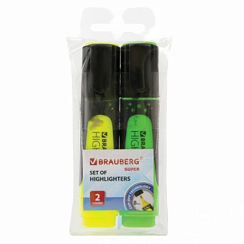 Набор текстовыделителей BRAUBERG 2 шт., ЖЕЛТЫЙ/ЗЕЛЕНЫЙ, "SUPER", прорезиненный корпус, линия 1-5 мм, 151744