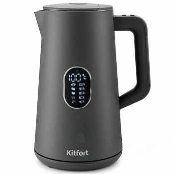 Чайник KITFORT КТ-6115-2, 1,5 л, 1800 Вт, закрытый нагревательный элемент, ТЕРМОРЕГУЛЯТОР, двойные стенки, серый