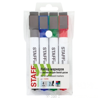 Маркеры для белой доски на магните со стирателем, НАБОР 4 цвета, 3 мм, STAFF "Manager", 152006