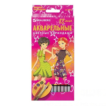 Карандаши цветные акварельные BRAUBERG "Pretty Girls", 12 цветов, заточенные, картонная упаковка, 180567